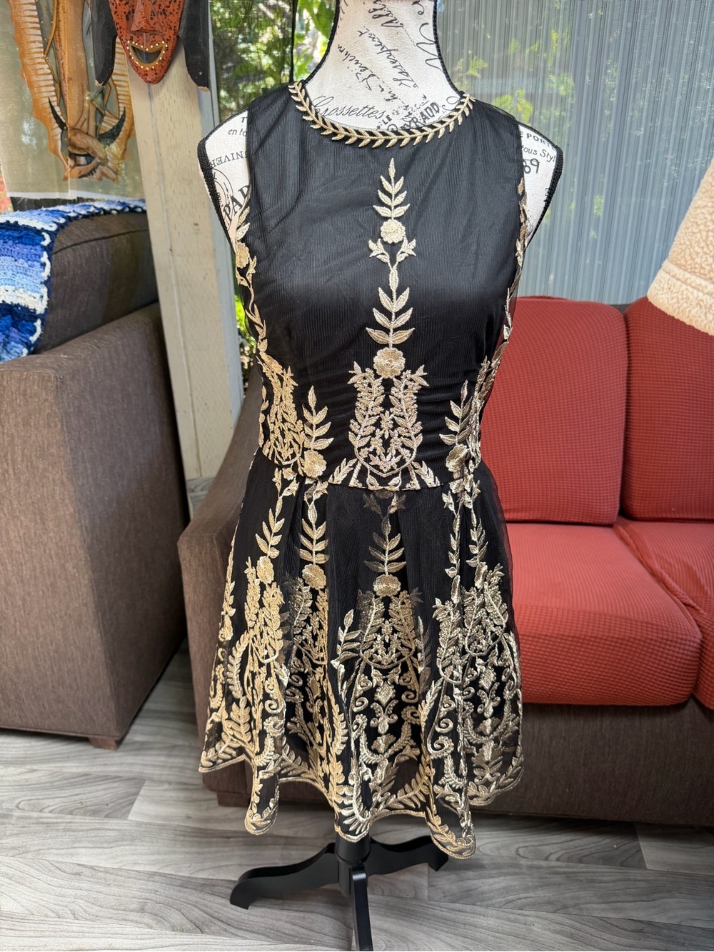 ALTER’D  STATE Elegant Black Dress with Gold Embroidered Detail